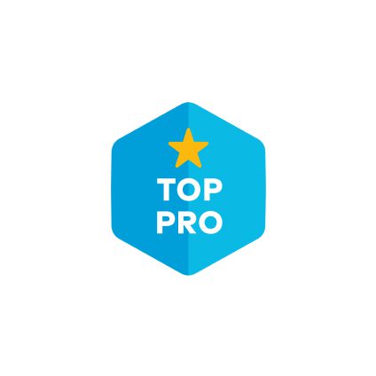 A blue hexagon with the words " top pro ".